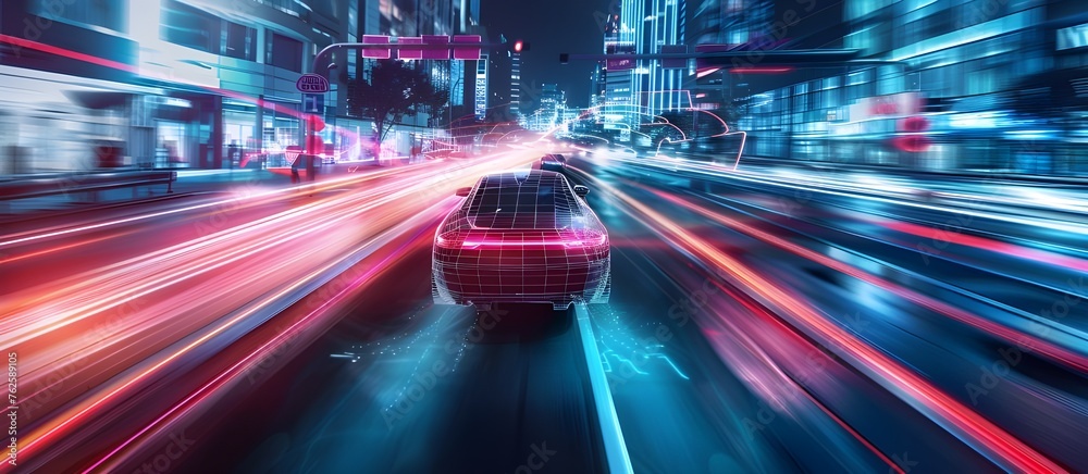 Modern smart car technology intelligent system using Heads up display (HUD) Autonomous self driving - obrazy, fototapety, plakaty 