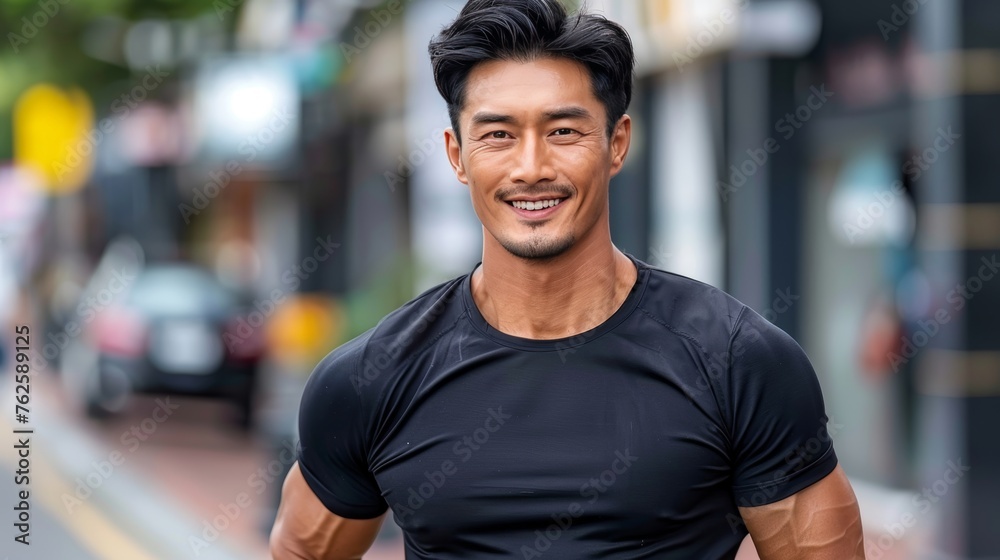 Active asian man enjoying running and jogging for health, fitness, and happiness