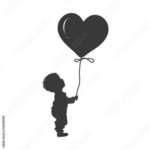 Silhouette Cute baby boy holding heart shape balloon black color only