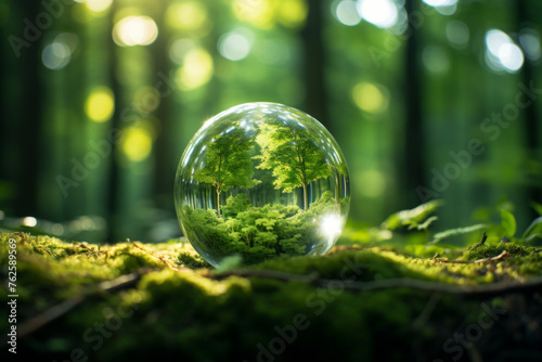 Glass ball with tree inside of it is on mossy green field. Ball is surrounded by forest of green leaves and branches. Scene is peaceful and serene
