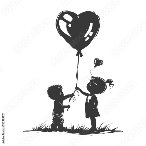 Silhouette Cute baby boys holding heart shape balloon black color only