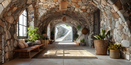 Rustic Modern Touch in a Country House Hallway: Arches and Stone Walls. Concept Country Living, Rustic Decor, Modern Touch, Arches, Stone Walls photo