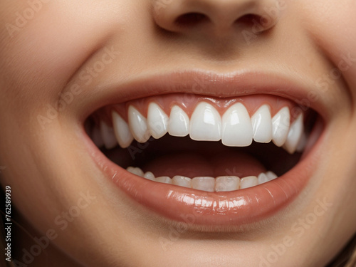 Close up on teeth of the smile of a teenage girl with healthy white teeth. Children's dentistry concept.