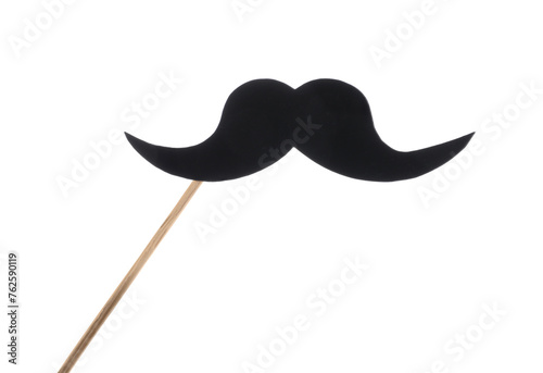 Fake paper mustache on stick against white background