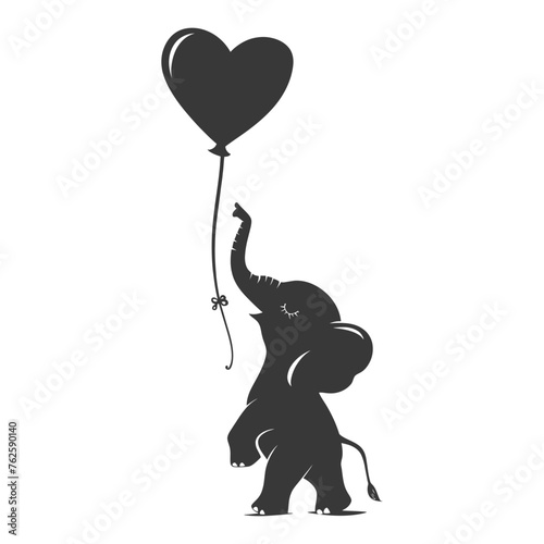 Silhouette Cute baby elephant holding heart shape balloon black color only