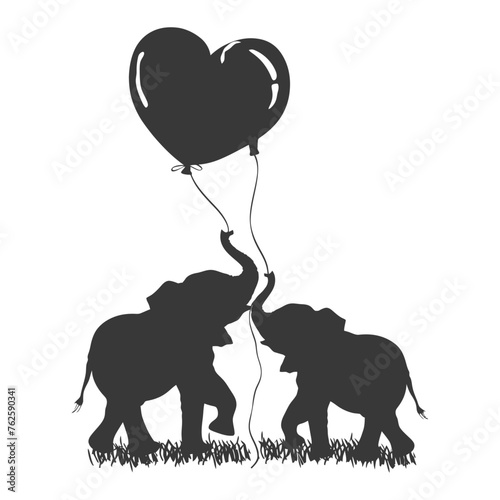 Silhouette Cute baby elephants holding heart shape balloon black color only