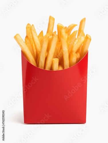 Red box of French fries sits on white background
