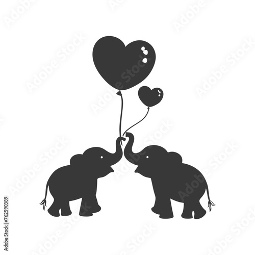 Silhouette Cute baby elephants holding heart shape balloon black color only