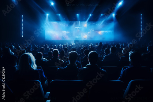 Movie theater with large crowd of people watching movie