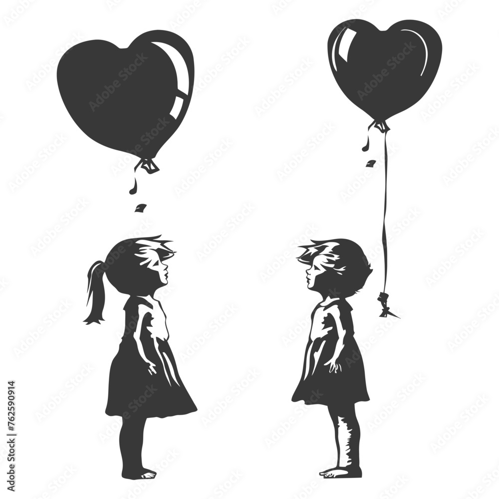 Silhouette Cute baby girls holding heart shape balloon black color only Silhouette Cute baby girls holding heart shape balloon black color only