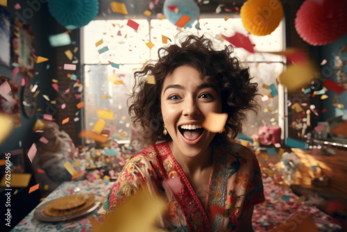 Woman is smiling and surrounded by confetti. Concept of joy and celebration