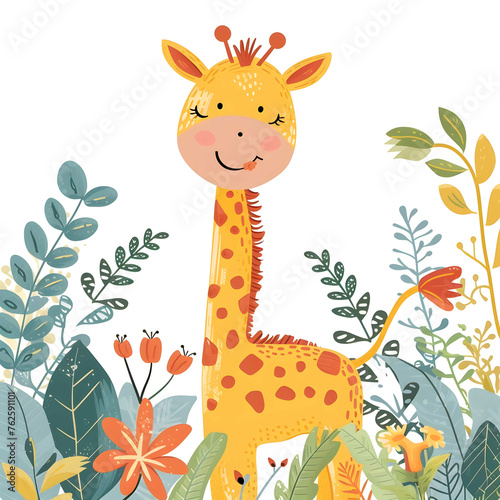 Smiling giraffe eating leaves isolated on transparent background. Cute watercolor illustration. Element for design, print, sticker. African wildlife and safari concept