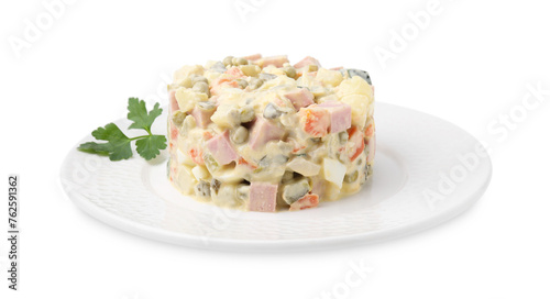 Tasty Olivier salad with boiled sausage isolated on white © New Africa