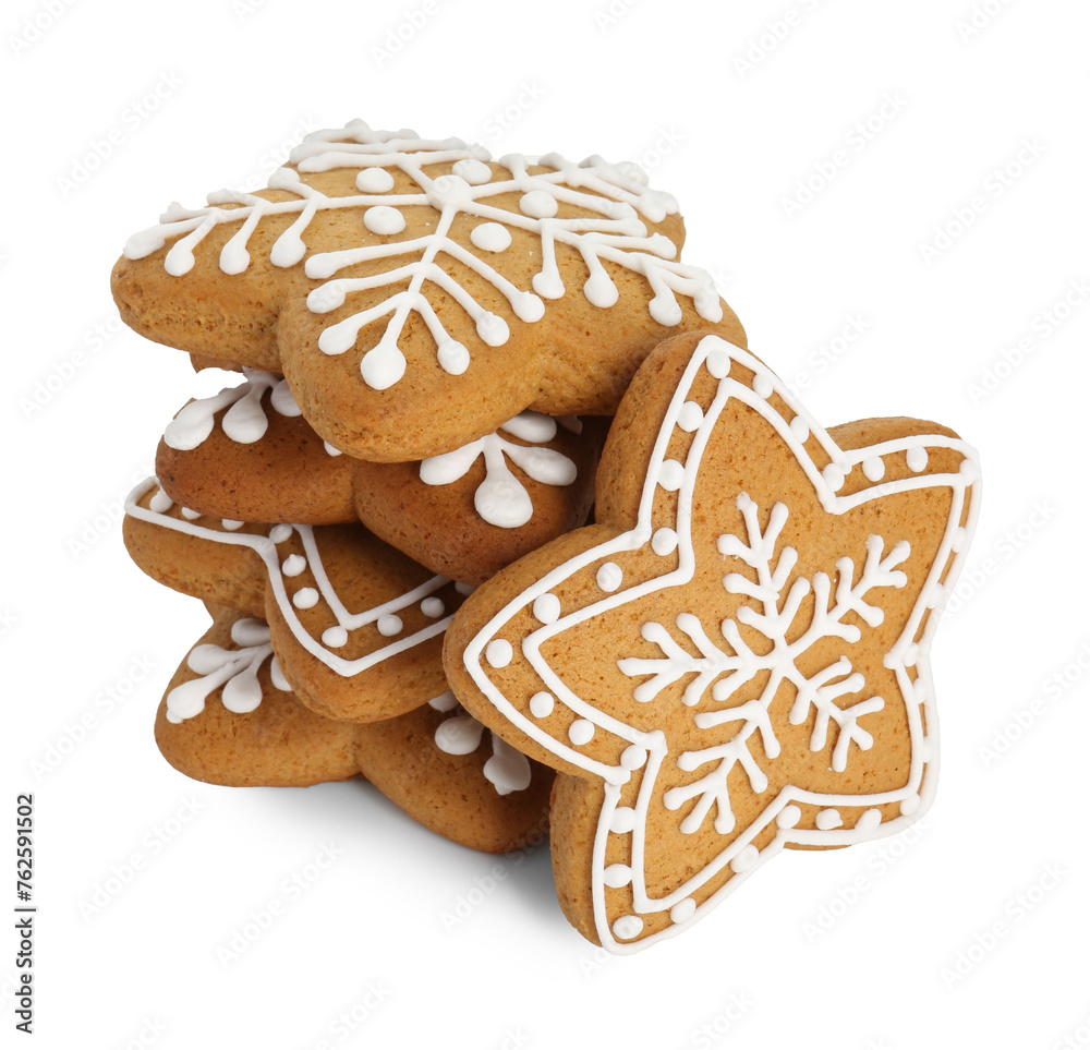 Tasty star shaped Christmas cookies with icing isolated on white Tasty star shaped Christmas cookies with icing isolated on white