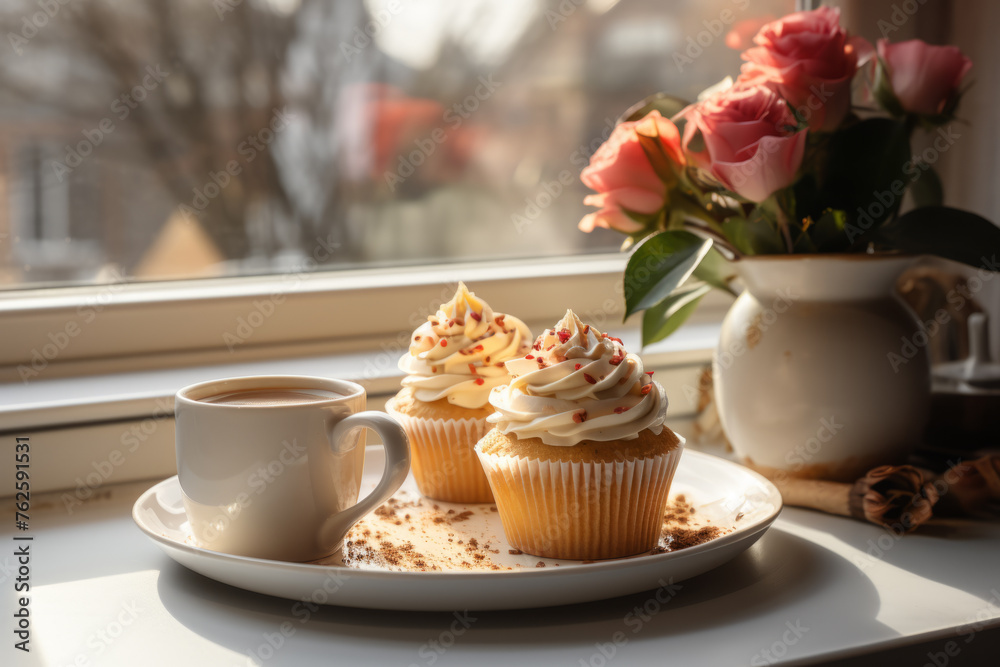 Plate of two cupcakes sits on table next to vase of roses. Cupcakes are frosted and decorated with sprinkles, and vase of roses is in background - obrazy, fototapety, plakaty 