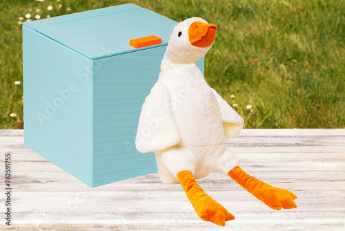 A soft white soft toy duck sits cosily on a table and is leaning against a blue gift box in front of a blurred lawn background. Copy space.
