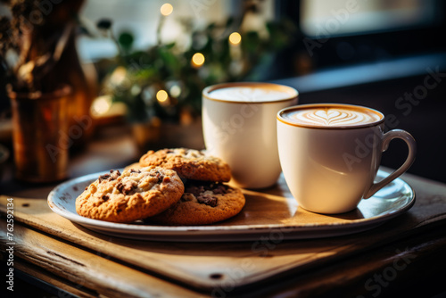Plate of cookies and two cups of coffee sit on wooden table. Cookies are chocolate chip and coffee is hot. Scene is cozy and inviting  perfect for relaxing afternoon