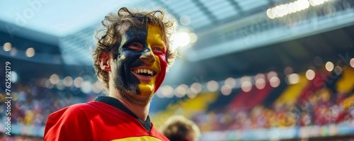 Happy Belgian male supporter with face painted in German flag german flag consists of A tricolour of black, yellow, and red, Belgian male fan at a sports event such as football or rugby match photo