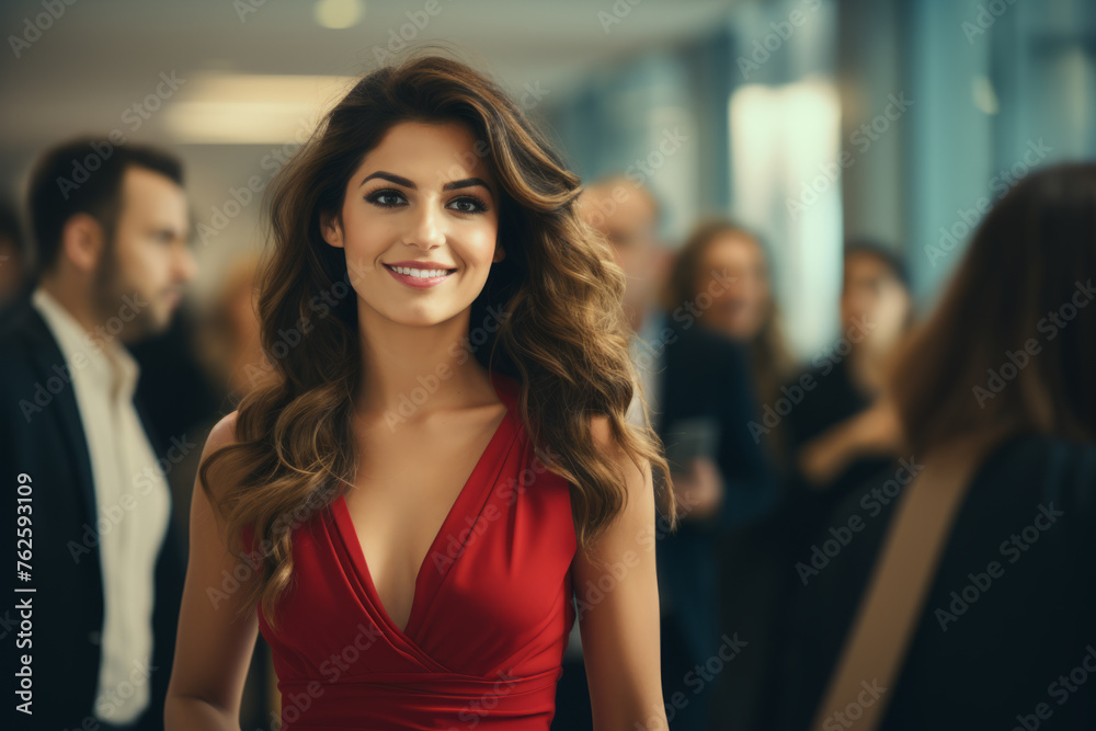 Woman in red dress is smiling and posing for photo. She is surrounded by other people, some of whom are also smiling. Scene is happy and friendly, as everyone seems to be enjoying themselves