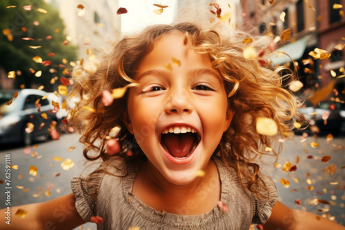 Young girl with curly hair is smiling and laughing while surrounded by confetti. Concept of joy and celebration, as girl appears to be having great time
