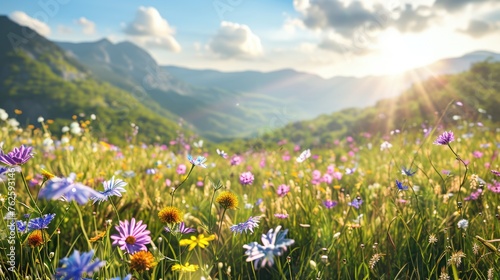 Field of wildflowers with bright sun shining on them. Sun is casting warm glow on flowers  making them look even more vibrant and alive. Scene is peaceful and serene