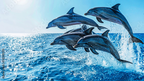 A pod of dolphins leaps joyfully from a clear blue ocean, creating a scene of pure fun and adventure. Ideal for travel posters, website headers, and designs promoting marine conservation. © Olga