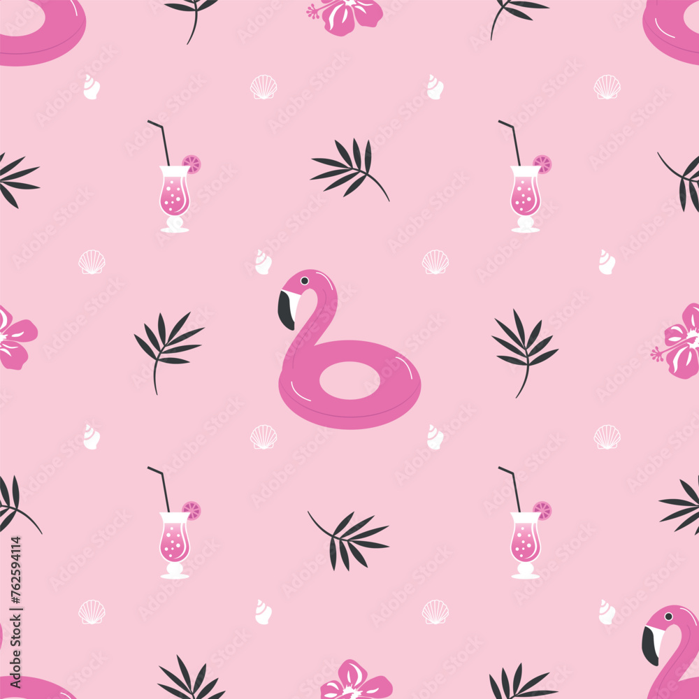 Summer pattern. Seamless template with pink flamingo, coctail, tropical flowers and leaves, shells. Vector illustration on pink background