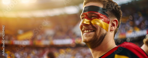 Happy German male supporter with face painted in German flag german flag consists of A horizontal tricolour of black, red, and gold, German male fan at a sports event such as football 
