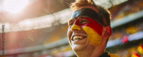 Happy German male supporter with face painted in German flag german flag consists of A horizontal tricolour of black, red, and gold, German male fan at a sports event such as football  photo