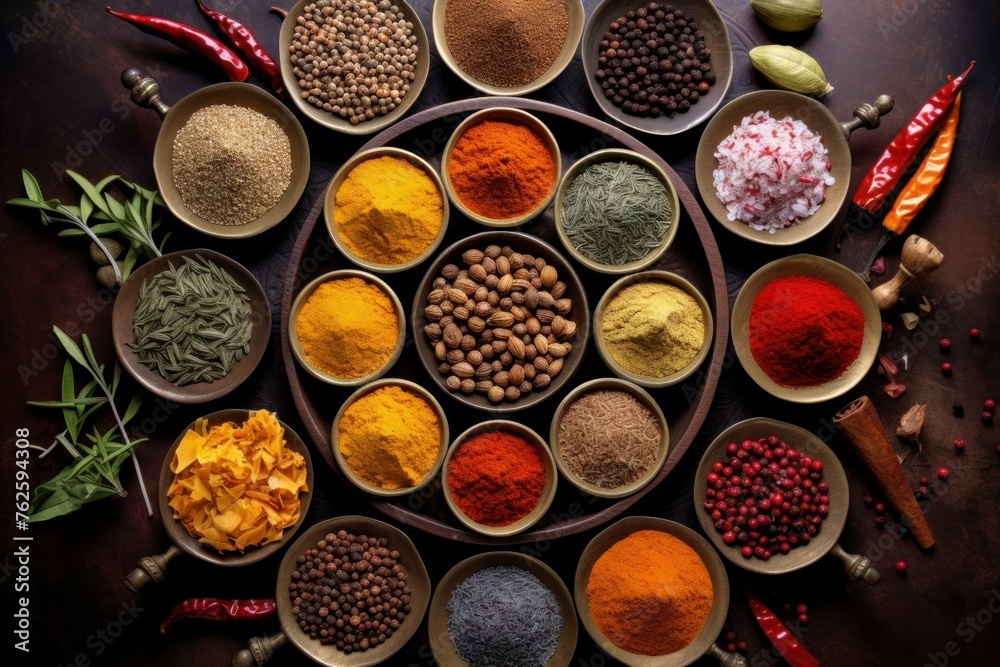 Spices colorful top view. Nature food collection view ingredient. Generate Ai Spices colorful top view. Nature food collection view ingredient. Generate Ai