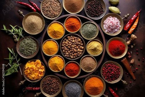 Spices colorful top view. Nature food collection view ingredient. Generate Ai