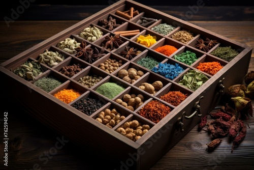 Spices colorful top view in different boxes. Aroma spice powder herb vibrant. Generate Ai © juliars