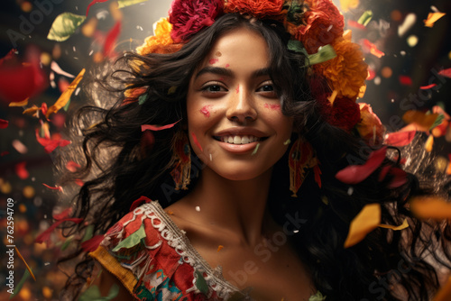 Woman wearing flower headdress and colorful dress is smiling. Image has festive and joyful mood, as woman is celebrating or enjoying special occasion