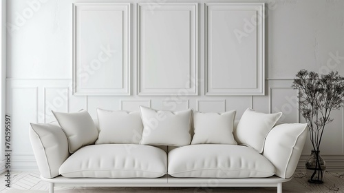 High quality wall art frame mockup. Modern white style. Home living room interior design.3d rendering
