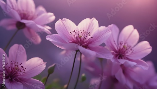 Picture a close-up shot of blooming flowers  bathed in the gentlest shades of pink and purple  their delicate petals displaying an intricate dance of colors.
