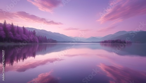 Imagine a picturesque scene of a tranquil lake reflecting a mesmerizing blend of pastel pink and purple hues, perfectly mirroring the sky above.