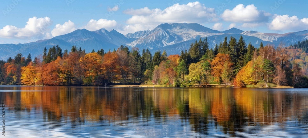 High tatra lake  autumn sunrise in mountains, pine forest, sky reflection   nature hiking scene