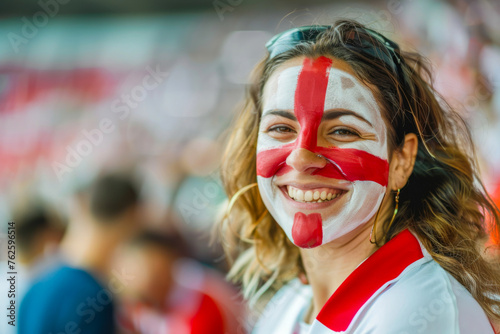 Happy English woman supporter with face painted in English flag consists of a white field with a red cross, English fan at a sports event such as football or rugby match