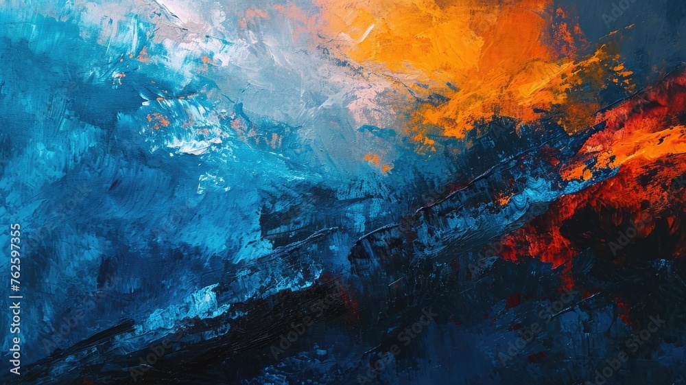 The oil painting abstract picture of the primary colour and secondary colour that is blue and orange in order mixing each other yet it uncompleted and split like they are fighting each other. AIGX01. - obrazy, fototapety, plakaty 