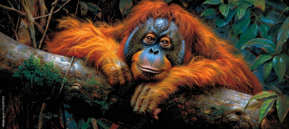 Inquisitive orangutans exploring the verdant treetops in a dense jungle environment