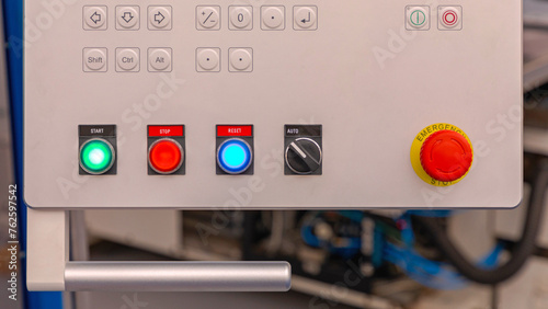 Obraz na płótnie Start Stop Reset Buttons Switch Machine Control Panel Workshop