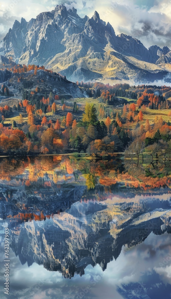 Tranquil high tatra lake autumn scene  mountain glow, pine trees, sky reflection, hiking bliss