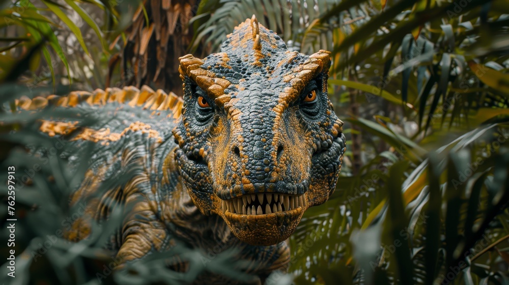 A fearsome dinosaur emerging from dense prehistoric foliage A fearsome dinosaur emerging from dense prehistoric foliage