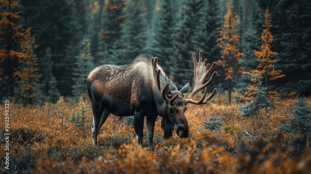 Impressive moose grazes in dense Canadian forest Impressive moose grazes in dense Canadian forest