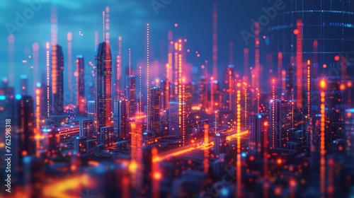 Glowing data points and bar graphs form a cityscape