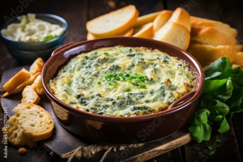 Spinach dip baked bowl. Baking edible savory fresh meal. Generate Ai