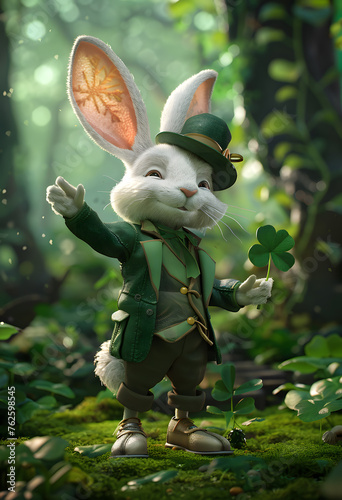 Rabbit with leprechaun costume in the forest
