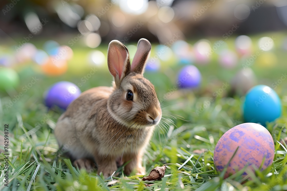 Easter bunny on green grass with Easter eggs. Easter bunny on green grass with Easter eggs.