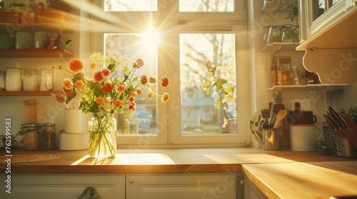 Vase of fresh flowers on a kitchen counter with sunlight streaming through the window. Home interior concept with a warm and cozy atmosphere. Spring morning light in a rustic kitchen
