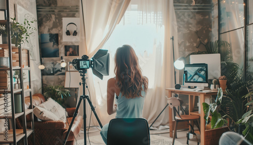 A young woman creating digital content on her desktop in a shapeshift photostudio, with flashlights, softboxes and a camera tripod beside her photo